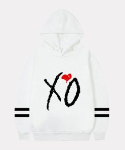 The Weeknd XO White Hoodie with Black Logo and Red Heart